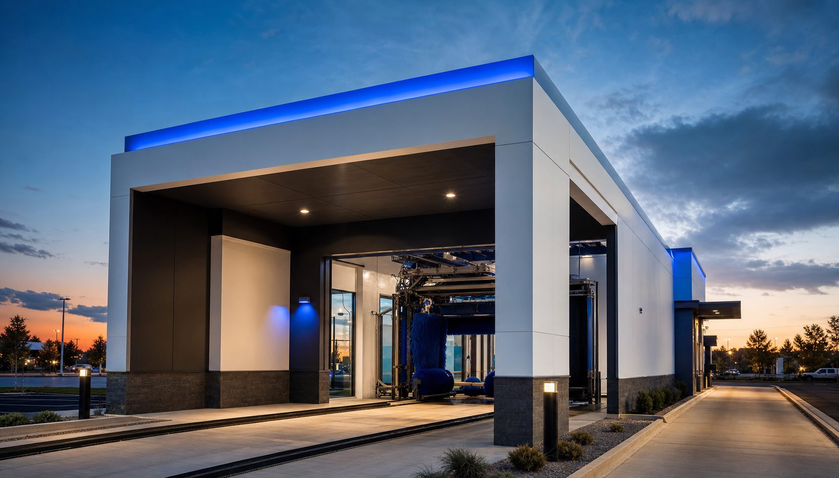 Modern express car wash tunnel at twilight
