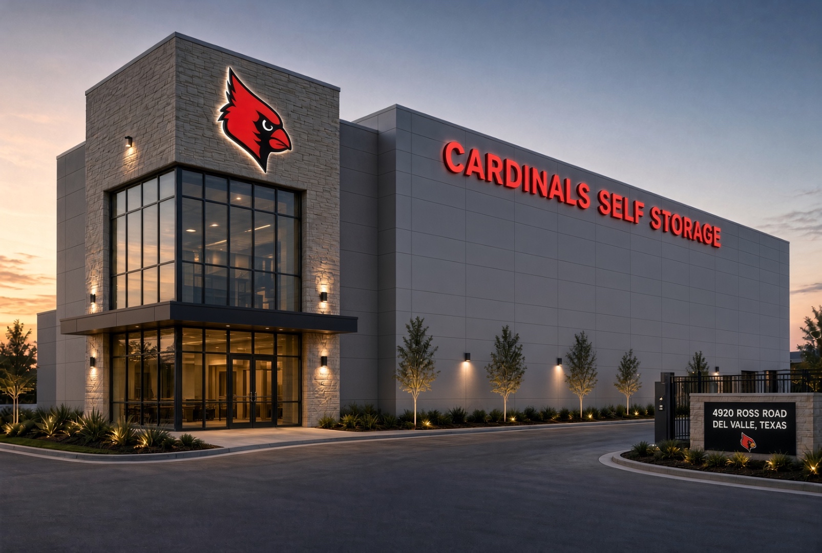 Cardinals Self Storage facility exterior at dusk in Austin, Texas