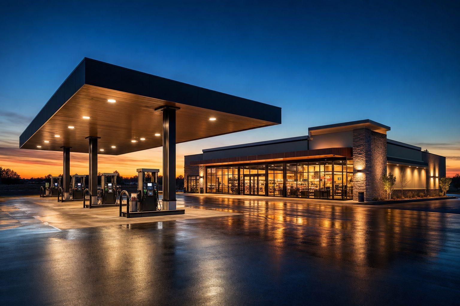 Modern travel-center gas station at dusk