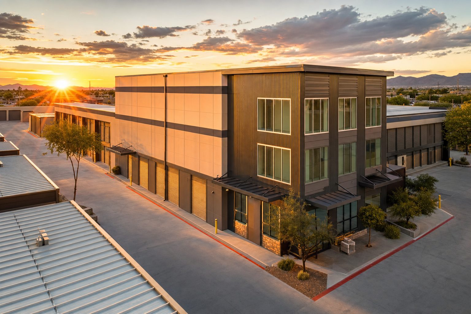 Modern self-storage facility exterior at golden hour